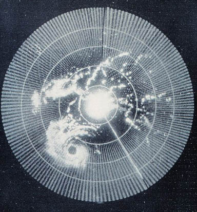 
Brightness can indicate reflectivity as in this 1960 weather radar image (of Hurricane Abby). The radar's frequency, pulse form, and antenna determine what it can observe.