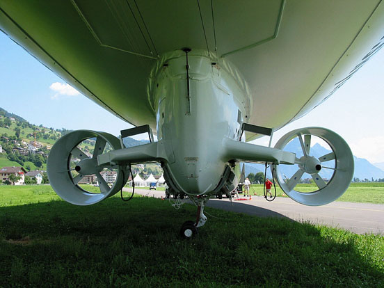 
Steerable ducted fans on a Skyship 600 provide thrust, limited direction control, and also serve to inflate the ballonets to maintain the necessary overpressure