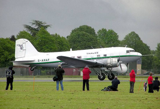 
A Douglas DC-3 (a former military C-47B) of Air Atlantique taking off at Hullavington airfield, England.