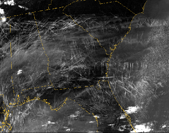 
MODIS tracking of contrails generated by air traffic over the southeastern United States on January 29, 2004.