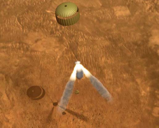 
Descent is halted by retrorockets and lander is dropped 10m (30 ft) to the surface in this computer generated impression
