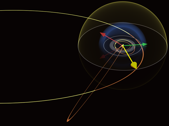 
The red and green arrows indicate the positions of Voyager 1 and Pioneer 10 respectively at the end of 2008; the blue shell indicates the estimated size of the Termination Shock they have entered, while the grey torus shows the Kuiper belt. The yellow shell indicates one light-day distance from the Sun. Click on image for larger view and links to other scales.
