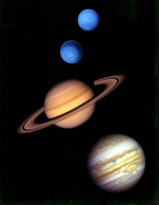 
From top to bottom: Neptune, Uranus, Saturn, and Jupiter (not to scale)