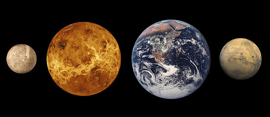 
The inner planets. From left to right: Mercury, Venus, Earth, and Mars (sizes to scale)