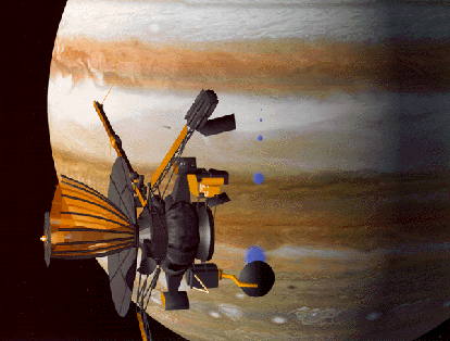 
Artist's concept of Galileo at Jupiter with only a partially deployed high-gain antenna