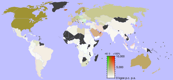 
Energy consumption per capita (2001). Red hues indicate increase, green hues decrease of consumption during the 1990s.