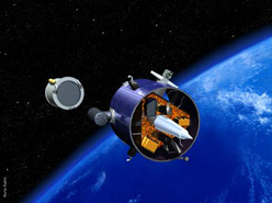 
Artist's impression of NASA's Lunar Prospector probe leaving Earth orbit after separating from the booster third stage.