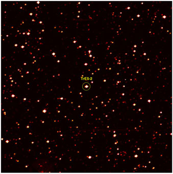 
Detail of the Kepler's image of the investigated area. The location of TrES-2b within this image is shown. Celestial north is to the left.