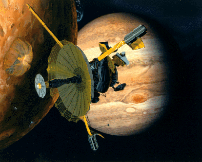 
Artist's concept of Galileo at Io. Note the fully deployed high-gain antenna. Compare with below image.