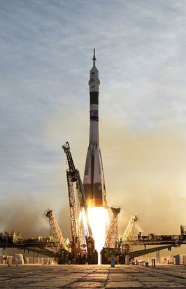 
A Soyuz lifts off from the Baikonur Cosmodrome in Kazakhstan heading for the ISS