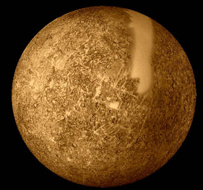 
Reprocessed Mariner 10 data was used to produce this image of Mercury. The smooth band is an area of which no images were taken.