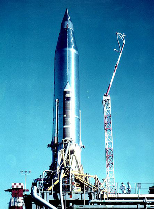 
Atlas-B rocket with SCORE on the launch pad – The whole rocket body (without the booster engines) constituted the satellite SCORE