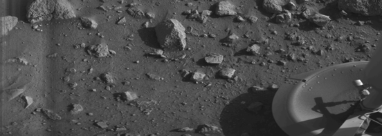 
The first image transmitted by the Viking 1 Lander from the surface of Mars, showing the craft's footpad.