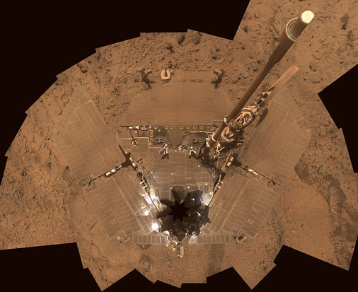 
Circular projection showing MER-A Spirit's solar panels covered in dust in October 2007 on Mars. Unexpected Cleaning events have periodically increased power